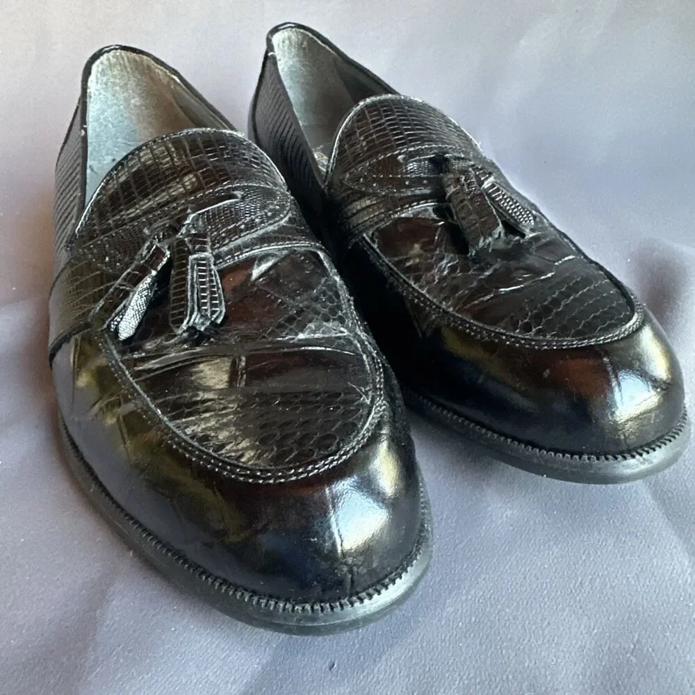 Stacy Adams Black Loafers 11 M Tassel Slip On Dress Shoes Mens Leather Snake